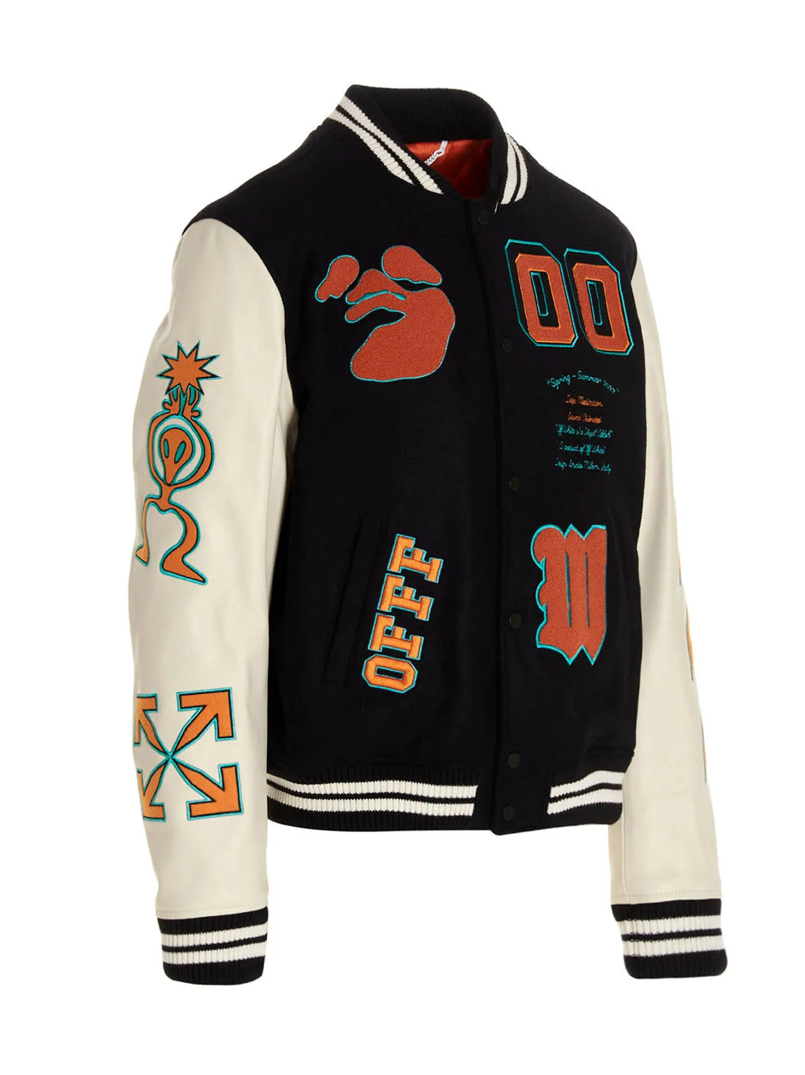Off-White Logo Patches Stripe Trim Varsity Jacket