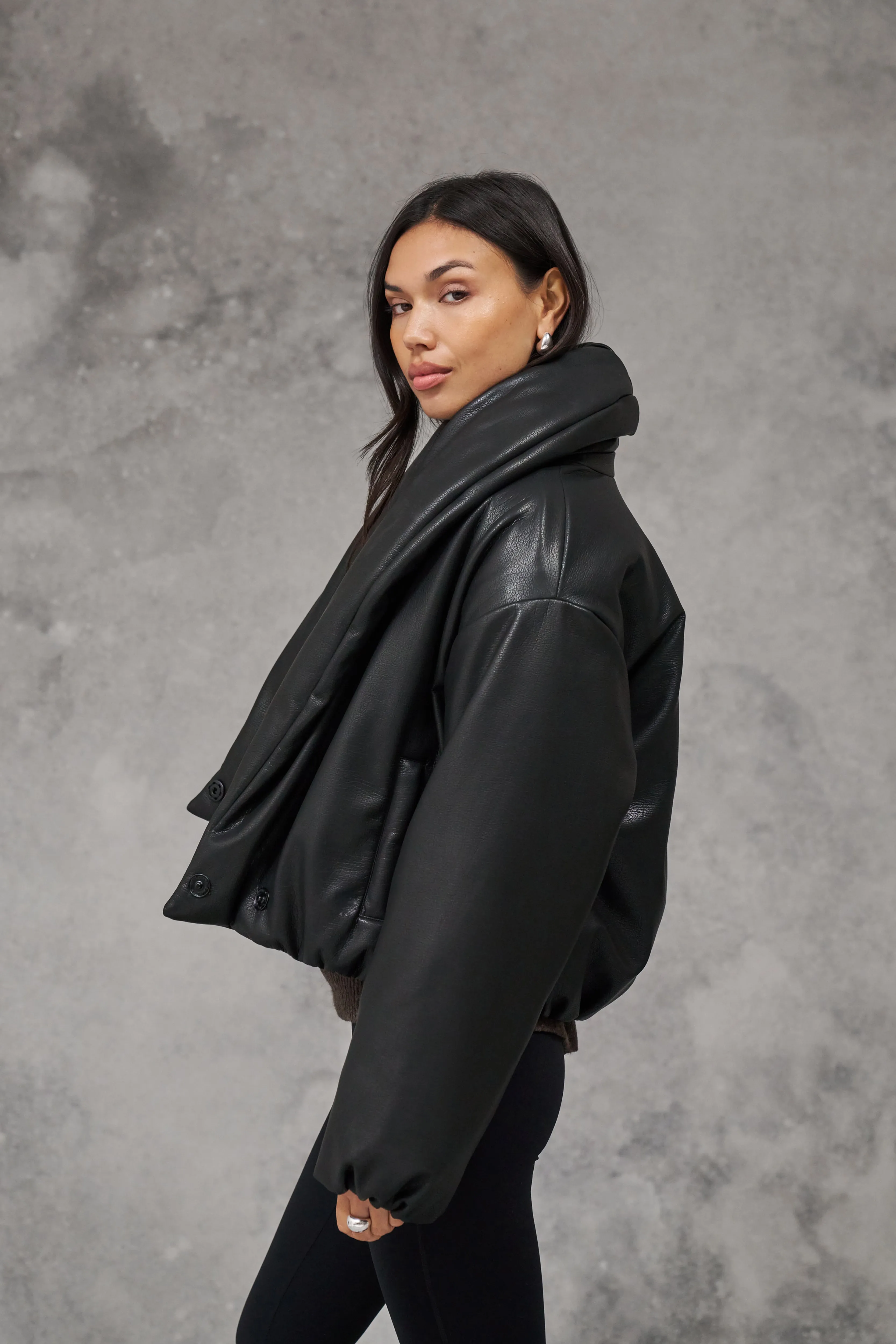 OVERSIZED COLLAR FAUX LEATHER PUFFER COAT - BLACK