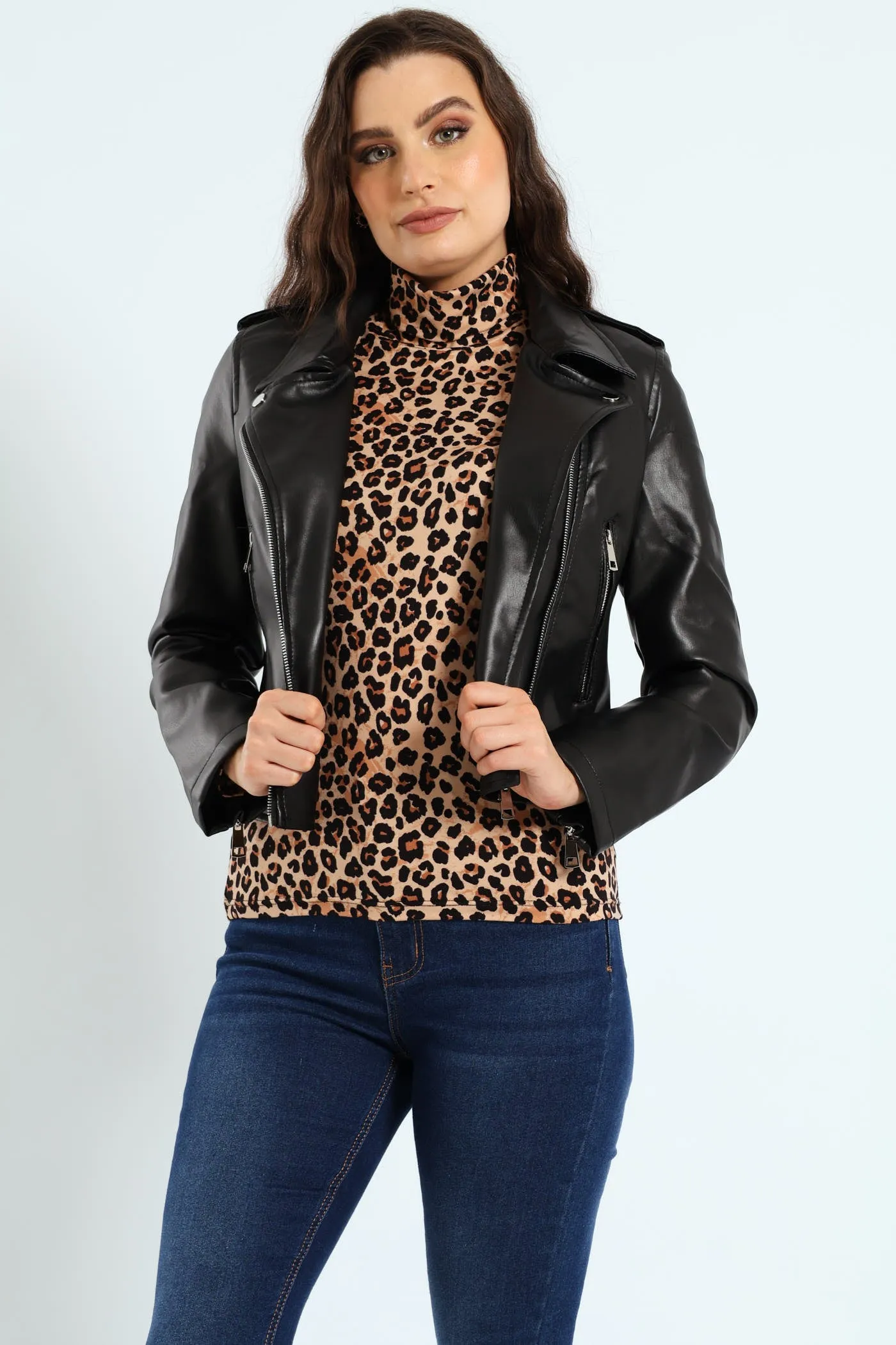 Pu Biker Jacket With Epaulettes - Black