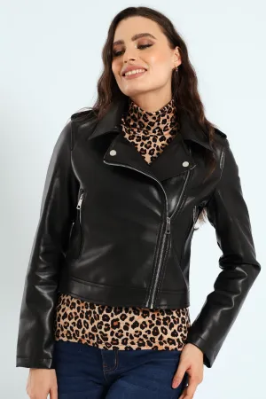 Pu Biker Jacket With Epaulettes - Black