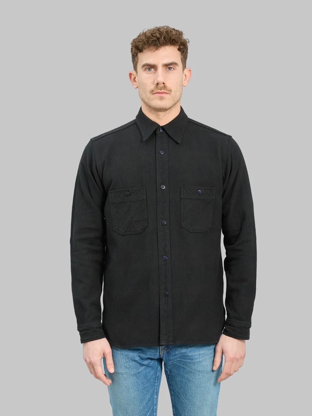 Samurai Jeans SSN24-01W Overdyed Sashiko Flannel Work Shirt Black