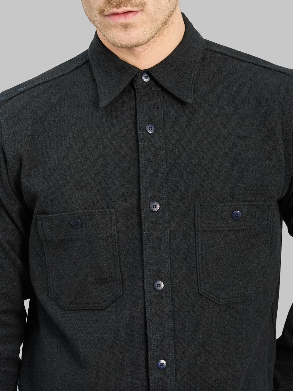 Samurai Jeans SSN24-01W Overdyed Sashiko Flannel Work Shirt Black