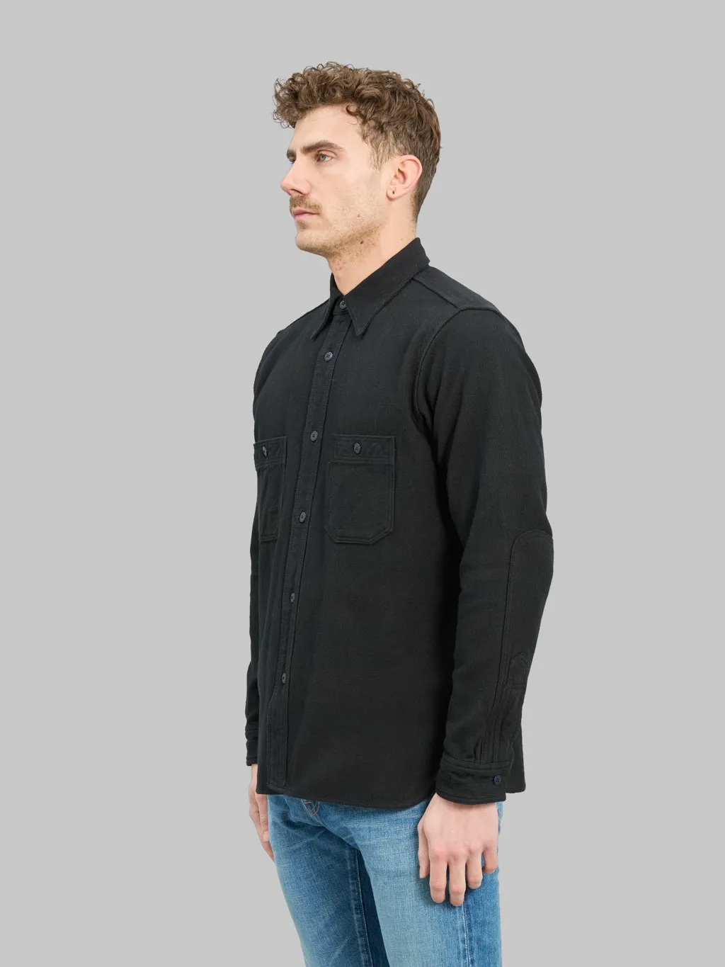 Samurai Jeans SSN24-01W Overdyed Sashiko Flannel Work Shirt Black