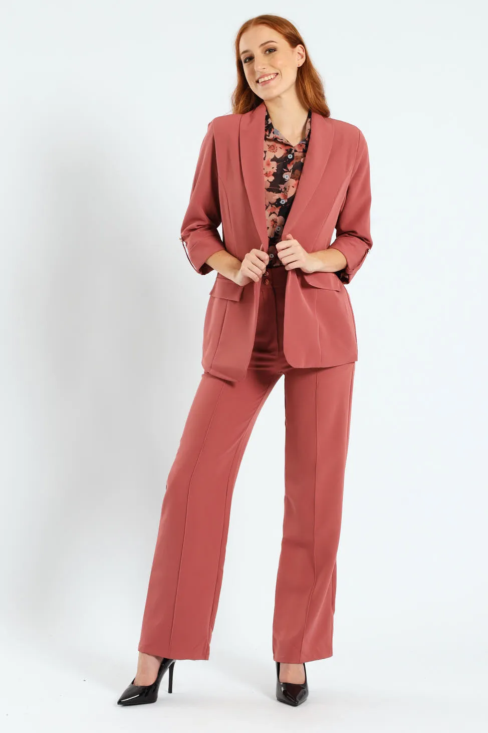 Shawl Collar Turn Up Sleeve Blazer - Deco Rose