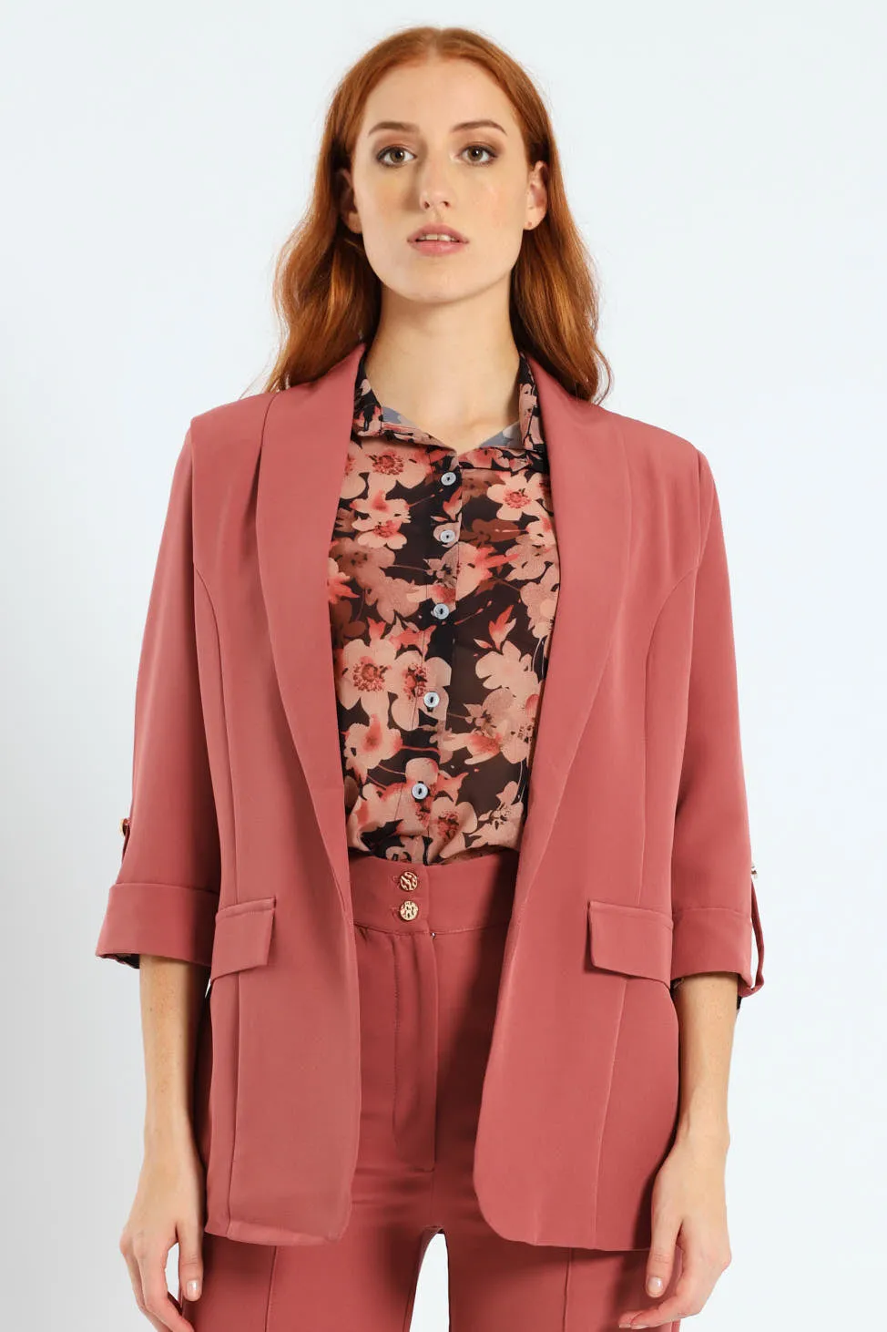 Shawl Collar Turn Up Sleeve Blazer - Deco Rose