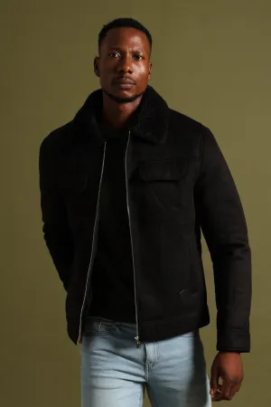 Shearling Sherpa Zip Through Jacket - Black