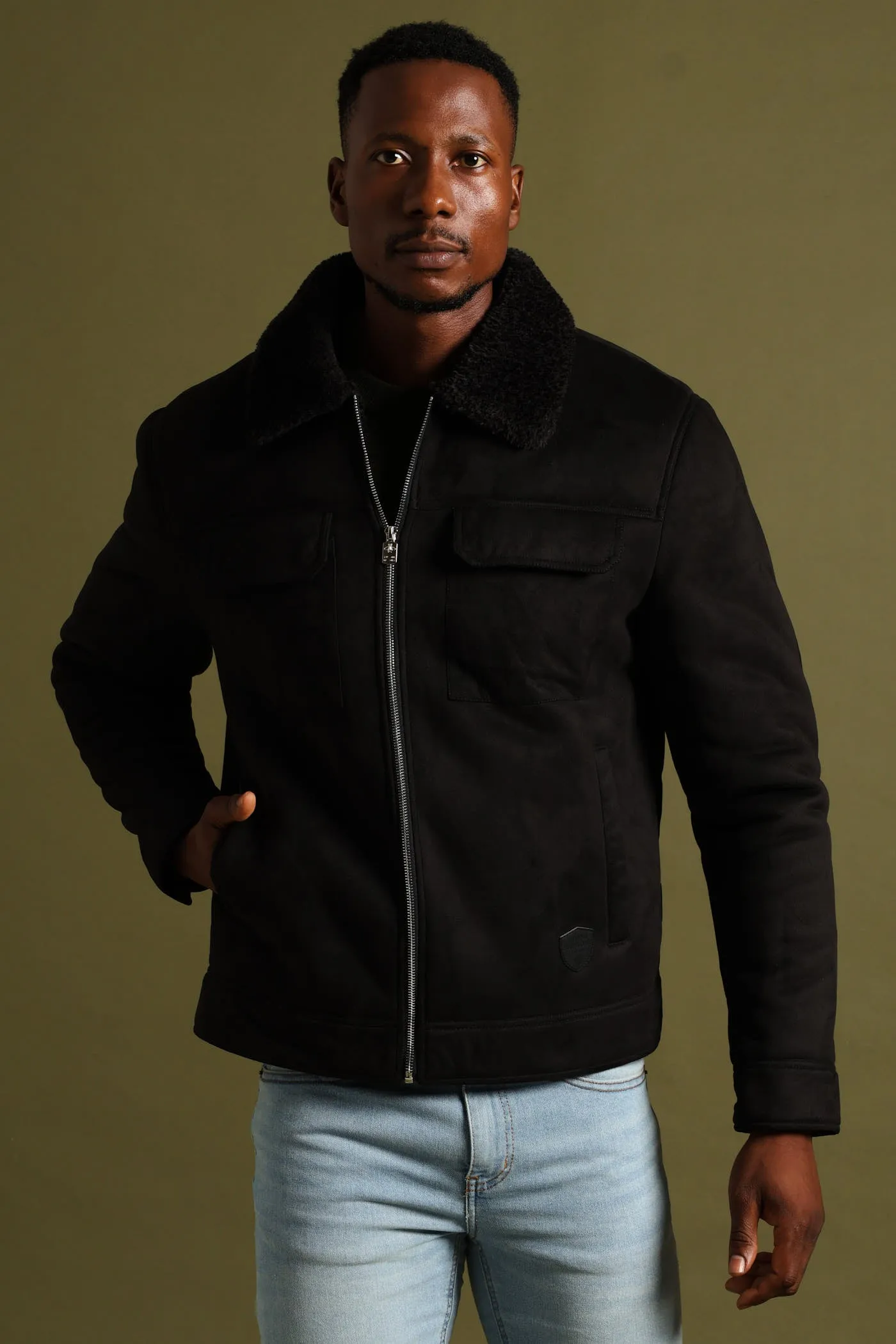 Shearling Sherpa Zip Through Jacket - Black