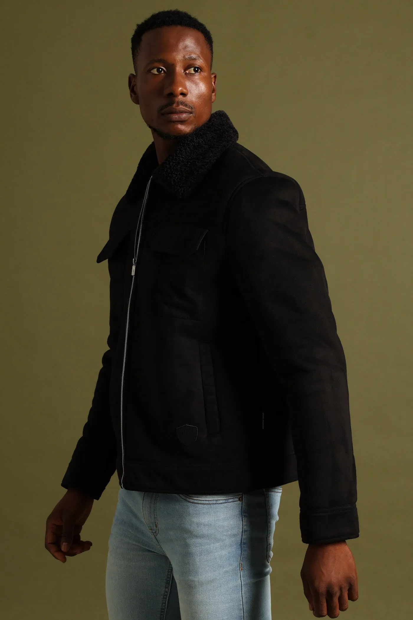Shearling Sherpa Zip Through Jacket - Black