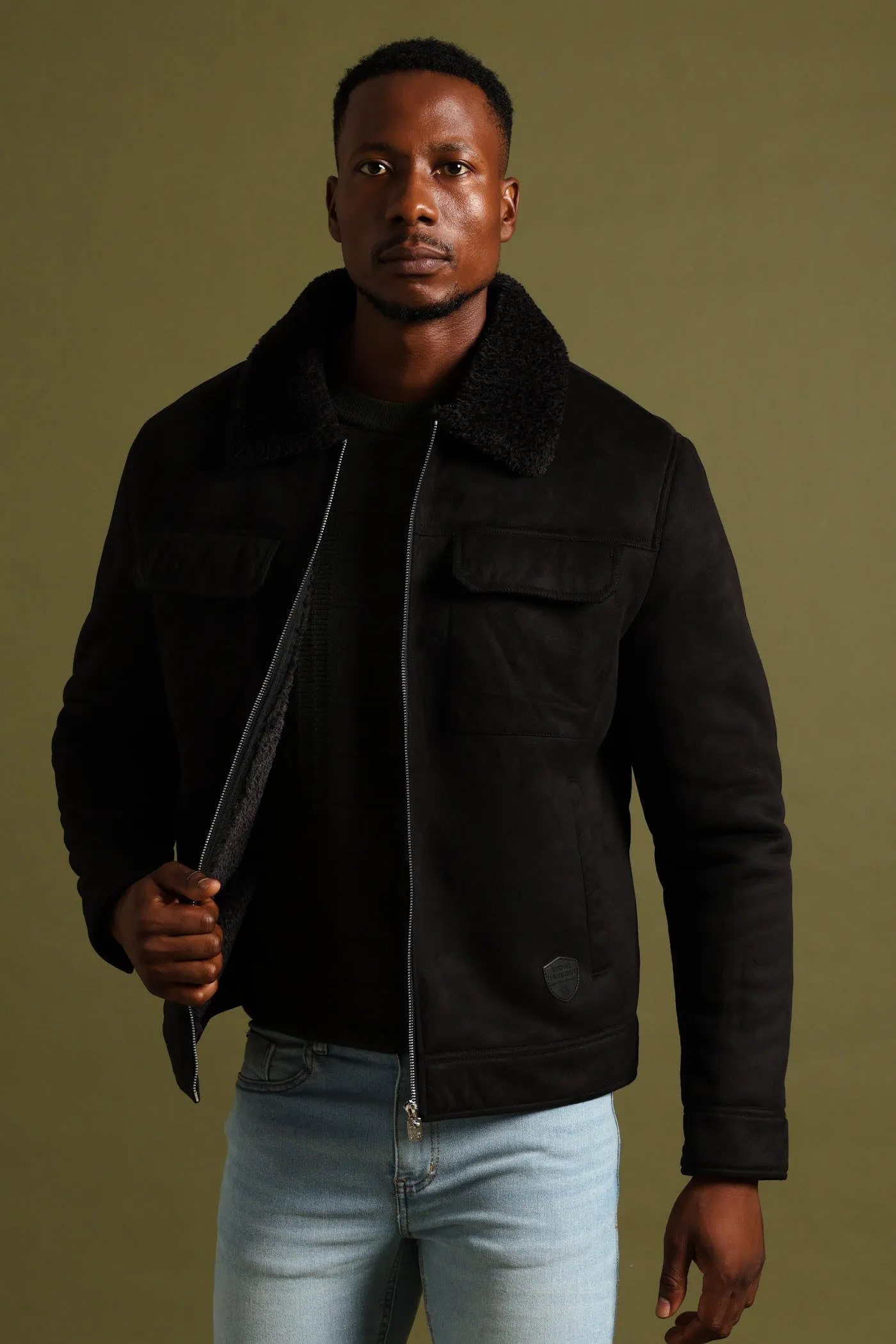 Shearling Sherpa Zip Through Jacket - Black