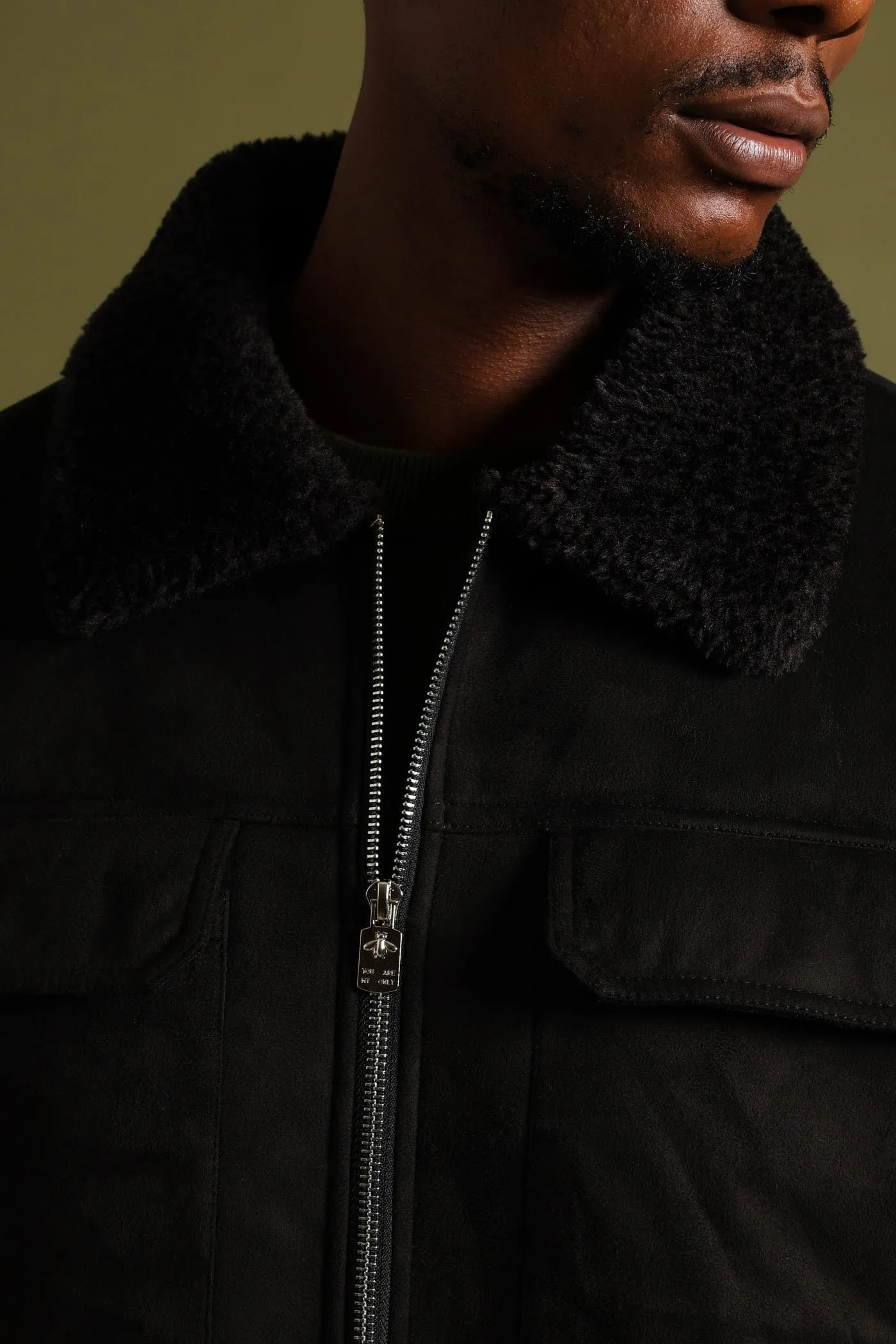 Shearling Sherpa Zip Through Jacket - Black