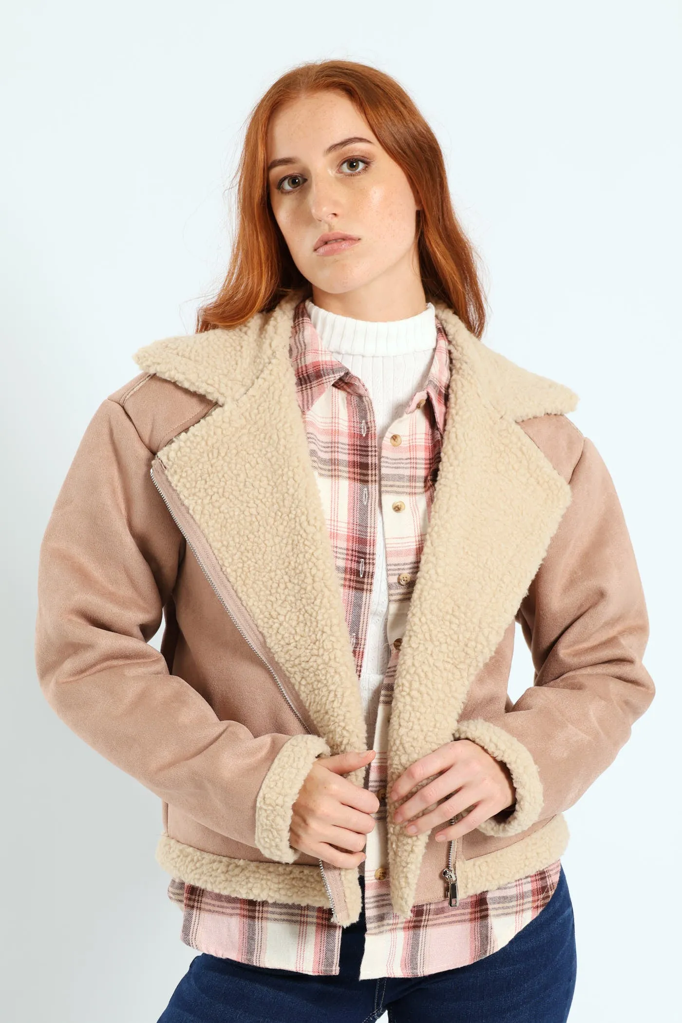 Suede Contrast Sherpa Lined Aviator Jacket - Stone