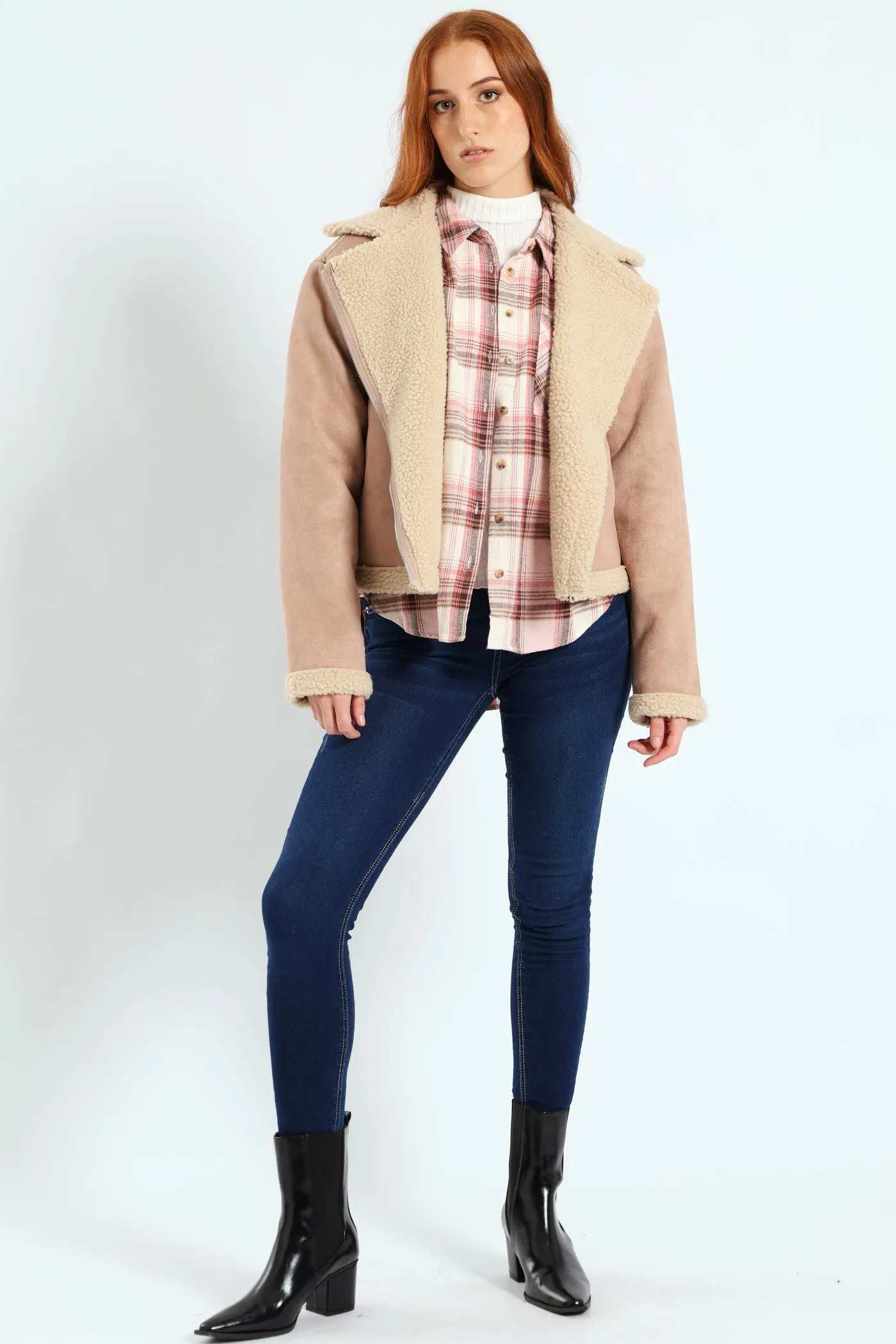 Suede Contrast Sherpa Lined Aviator Jacket - Stone