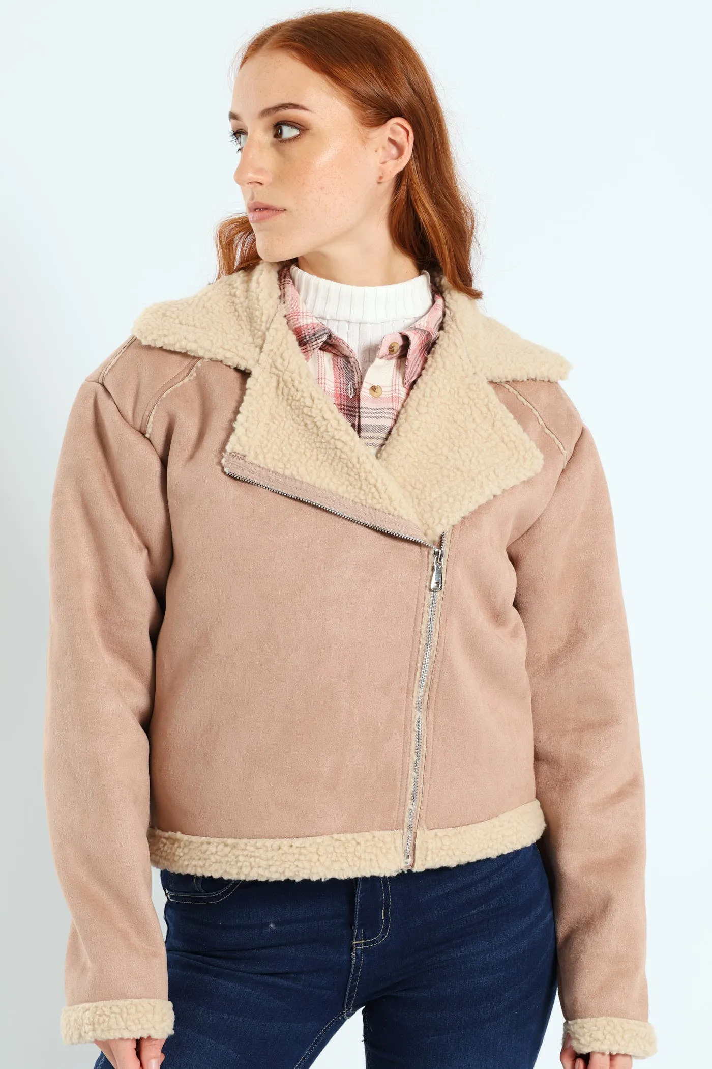 Suede Contrast Sherpa Lined Aviator Jacket - Stone