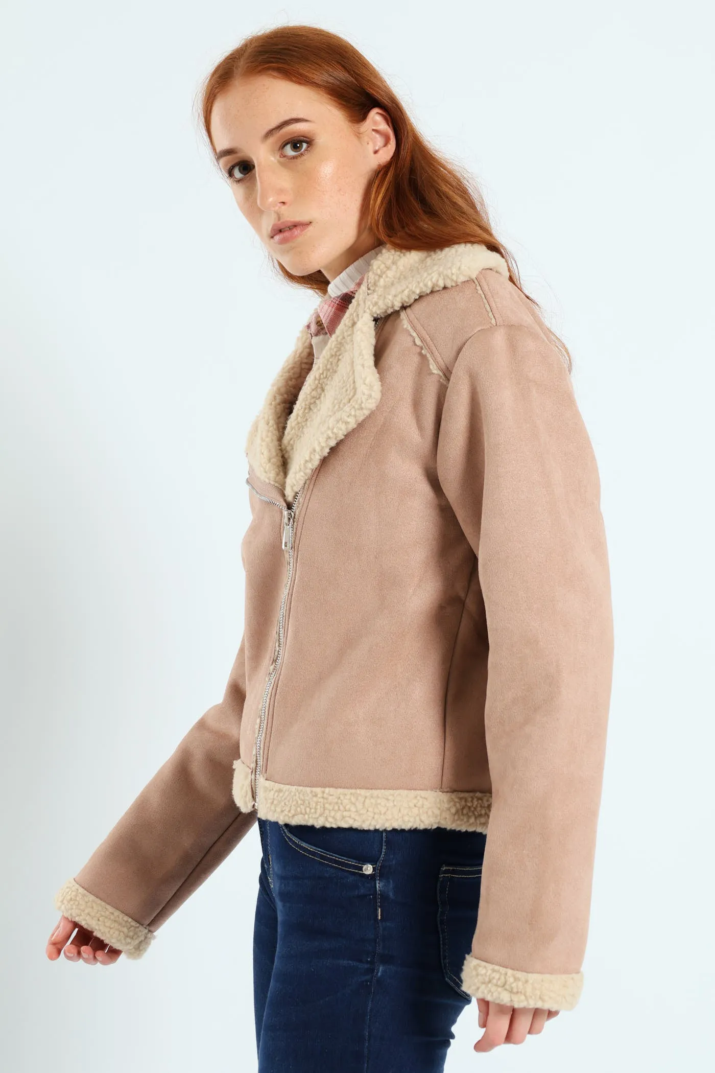 Suede Contrast Sherpa Lined Aviator Jacket - Stone
