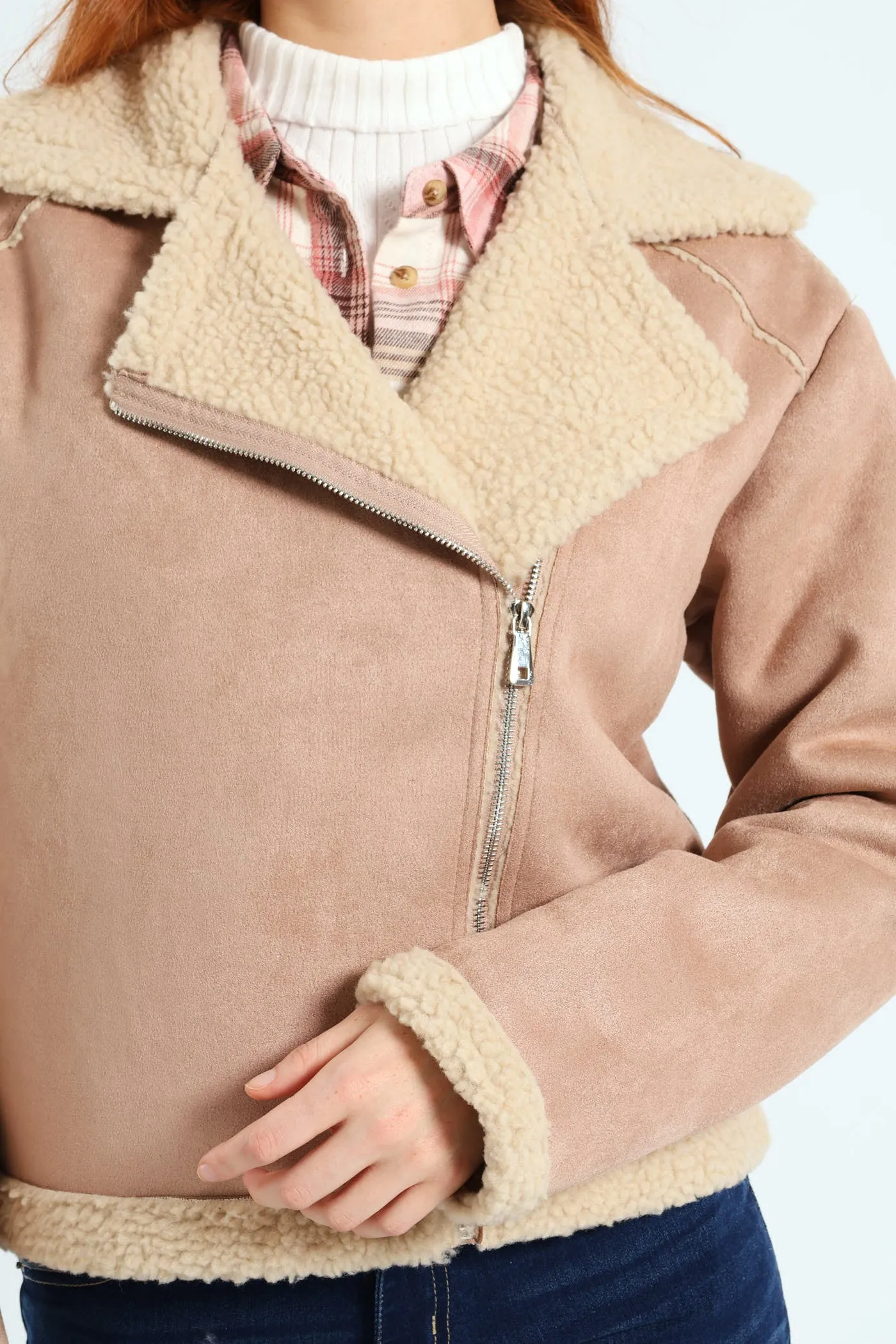Suede Contrast Sherpa Lined Aviator Jacket - Stone
