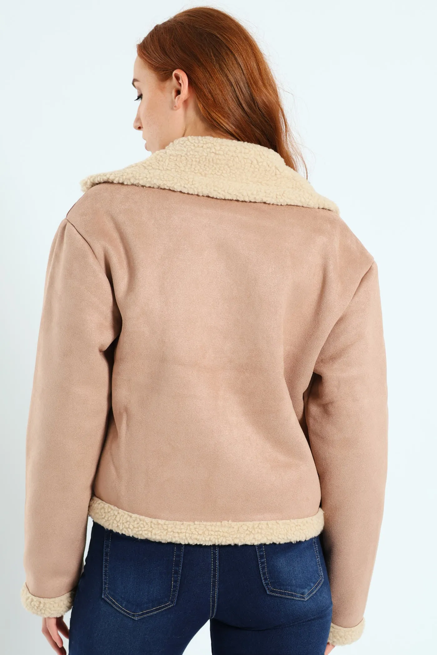 Suede Contrast Sherpa Lined Aviator Jacket - Stone