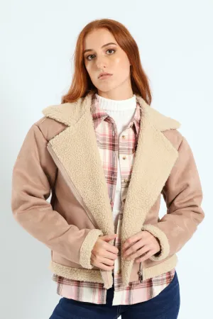 Suede Contrast Sherpa Lined Aviator Jacket - Stone