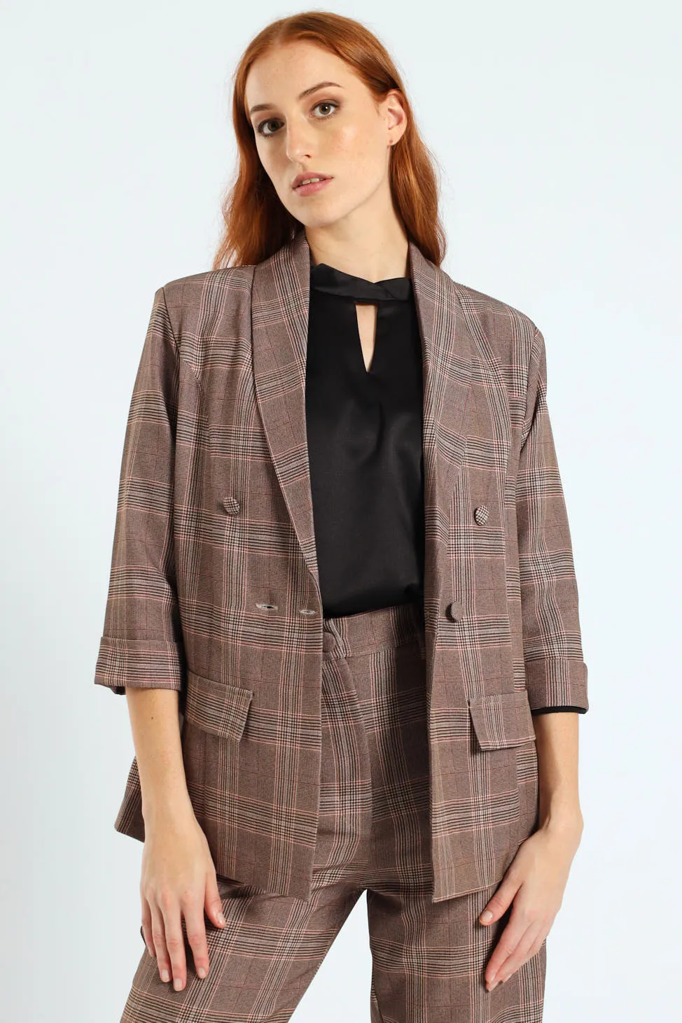 Turn Up Check Sleeve Blazer - Brown