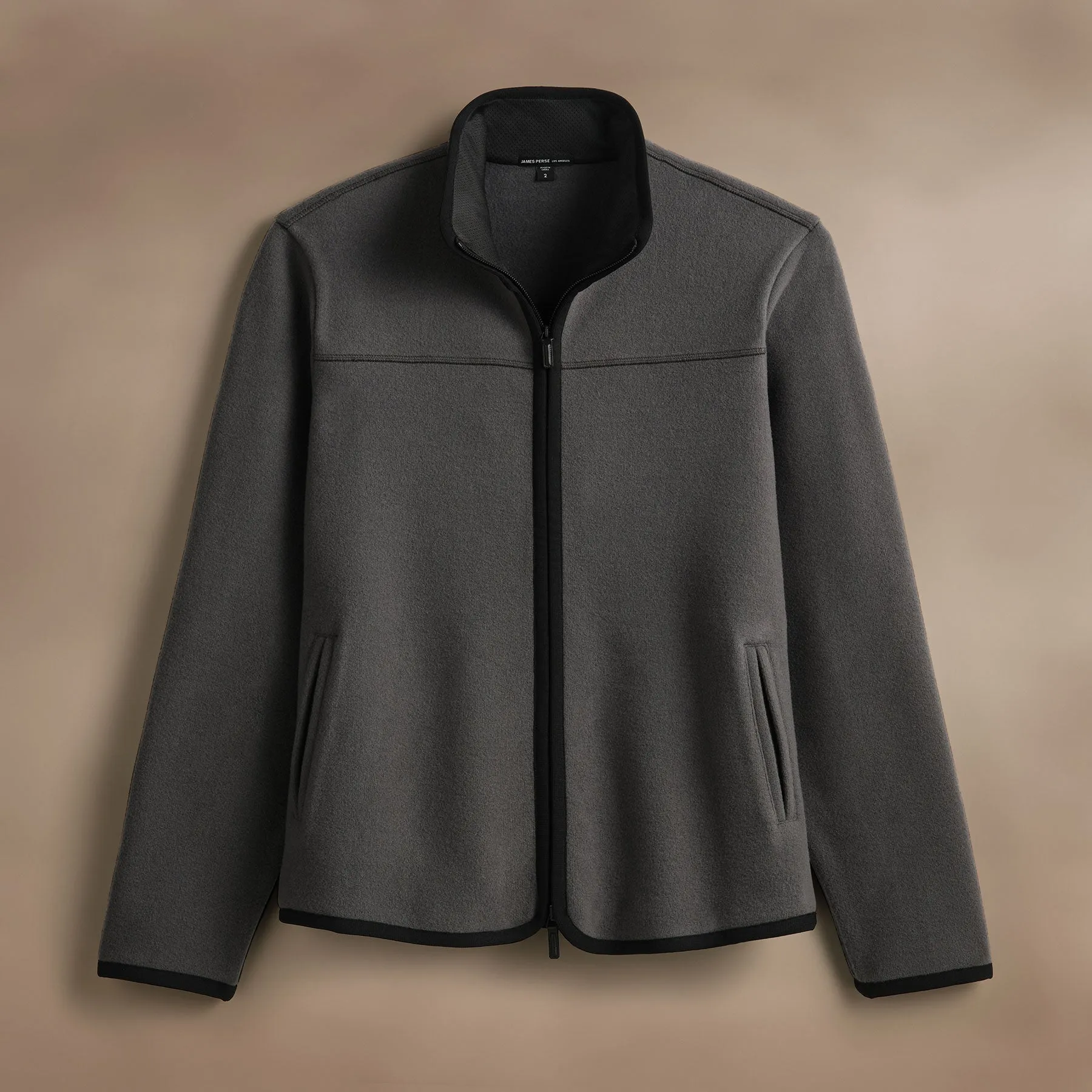 Wool Jersey Zip Front Funnel Neck - Mid Grey/Black