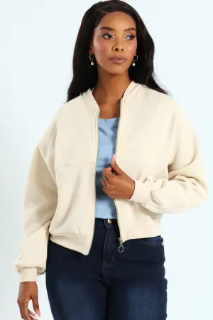 Zip Through Fleece Bomber Jacket - Ivory