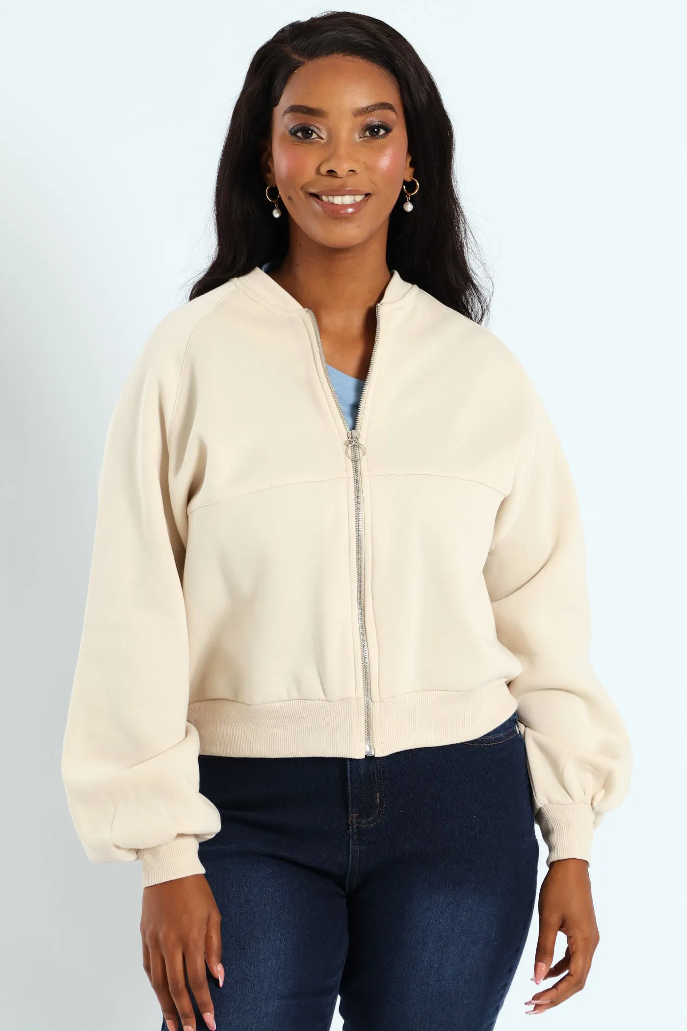 Zip Through Fleece Bomber Jacket - Ivory